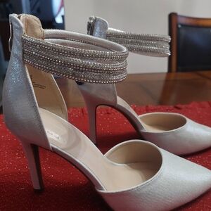 Silver Ankle-Strap Pointed-Toe Women’s Heels